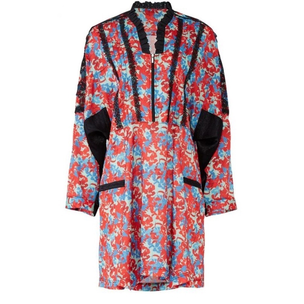 Koche Lace Trim Floral Dress Red Zip Crepe V-Neck Pockets 38 US 6 fits to a 10.